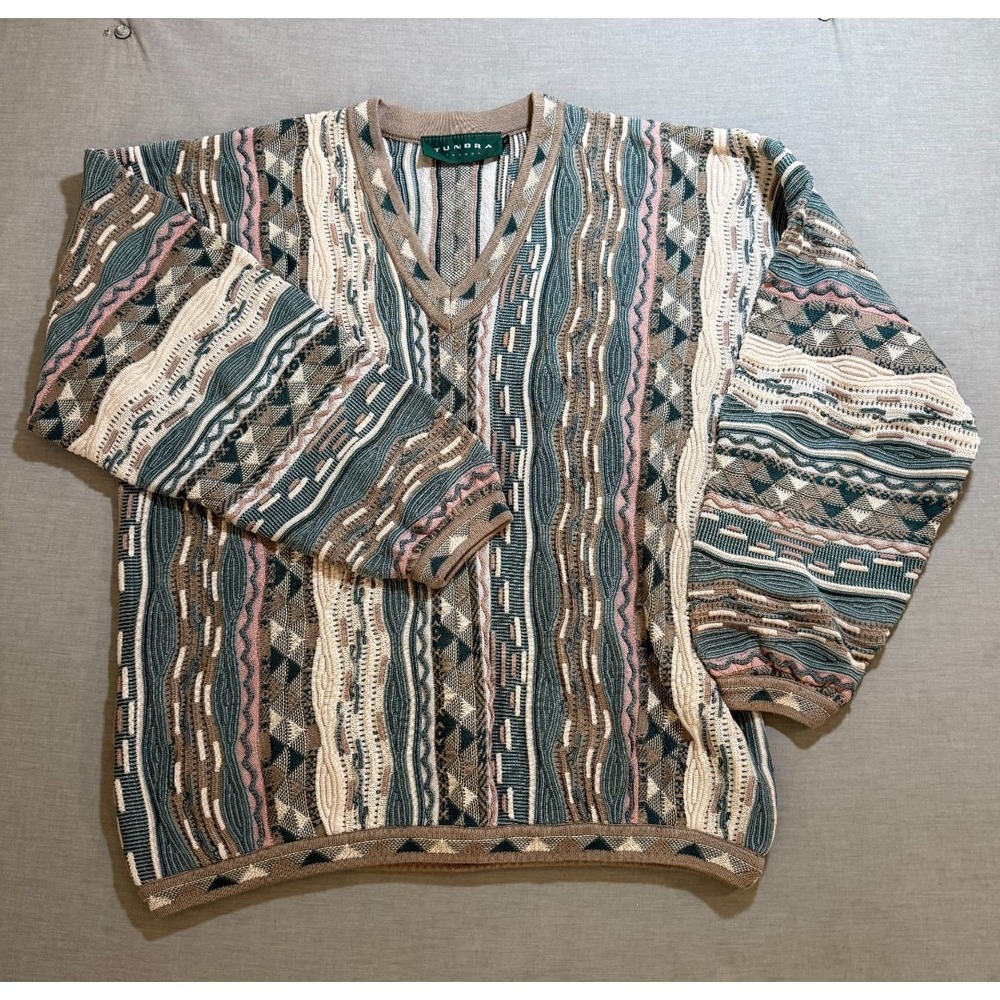 Tundra Canada‎ 3D Knit Sweater Mens XL Beige Striped Cosby Pullover Long Sleeve.